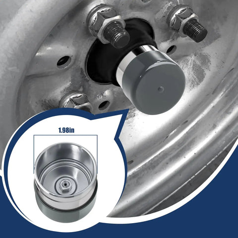 Stainless Steel Trailer Wheel Bearing Protector With Dust Cover Caps 1.98 Inches installed on trailer hub with close-up inset