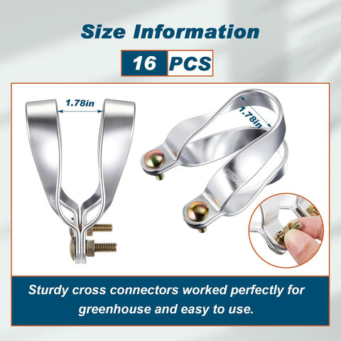 16 Pack Cross Connectors For Greenhouse One And Three Eighths Inch By One And Three Eighths Inch Aluminum Purlin Brackets Clamps Pipe Clips Garden Farm Frame Top Rail Fence Accessories