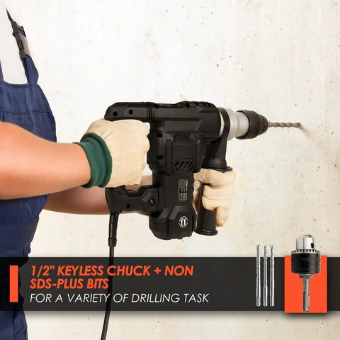 Heavy Duty 1 1/4 Inch SDS Plus Rotary Hammer Drill With 13 Amp Motor Four Function Demolition Hammer in use on concrete wall