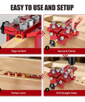 Professional Dowel Jig Kit With Secure Position Stop And Heavy Clamp For Rapid Five Hole Drilling setup steps on wood.
