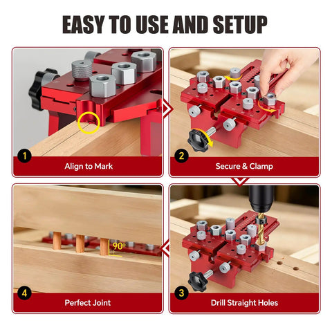 Professional Dowel Jig Kit With Secure Position Stop And Heavy Clamp For Rapid Five Hole Drilling setup steps on wood.