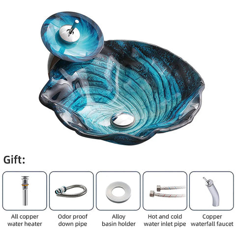 USZWBY Bathroom Vessel Sink, Countertop Sink Bowl Tempered Glass Vanity Sink Bowl On The Top with waterfall faucet.