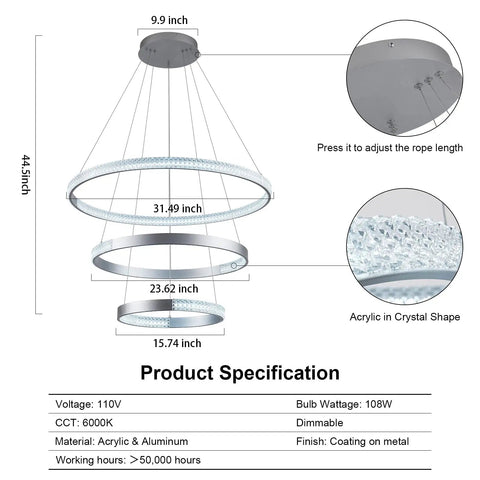 Diagram of Lit Modern LED Ceiling Chandelier With Acrylic Crystal Pendant showcasing dimensions, material, and specifications.