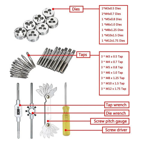 Ultimate 32-Piece Tap And Die Set With Metric Hand Threading Tools For M3 To M12, Precision Tungsten Carbide Cutting Bits Perfect DIY Gear For Pros. taps, dies, wrenches, gauge, screwdriver