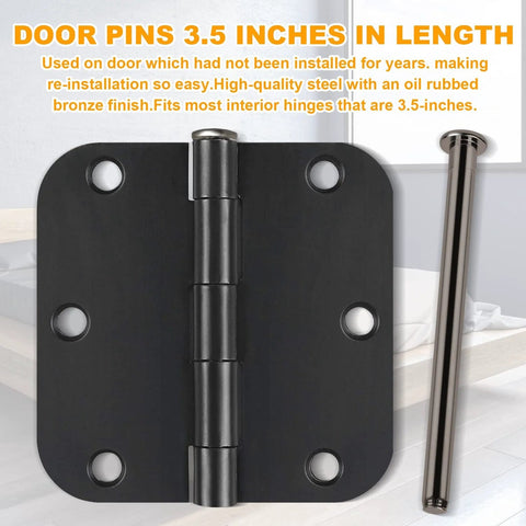 Six 3.5 Inch Indoor Door Hinge Pins Replacement Set For Interior Doors Heavy Duty Steel Black Finish Compatible With Oil Rubbed Bronze Hinges Great For Quick Repairs In Homes And Offices Works Like A Champ Easy To Install Long Lasting shown with black hinge