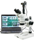 Pro Grade Trinocular Stereo Zoom Microscope With Long Working Distance, 10X Super Widefield Eyepieces, Adjustable Interpupillary, Pillar Stand, Great For Circuit Boards And Dental Appliances, Ideal For Precise Inspection And Manipulation. Trinocular microscope on pillar stand with laptop display for circuit board inspection