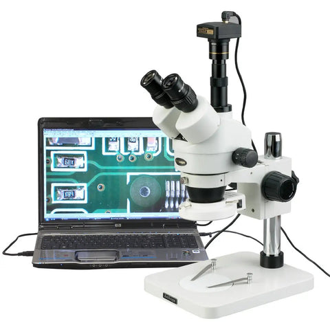 Pro Grade Trinocular Stereo Zoom Microscope With Long Working Distance, 10X Super Widefield Eyepieces, Adjustable Interpupillary, Pillar Stand, Great For Circuit Boards And Dental Appliances, Ideal For Precise Inspection And Manipulation. Trinocular microscope on pillar stand with laptop display for circuit board inspection