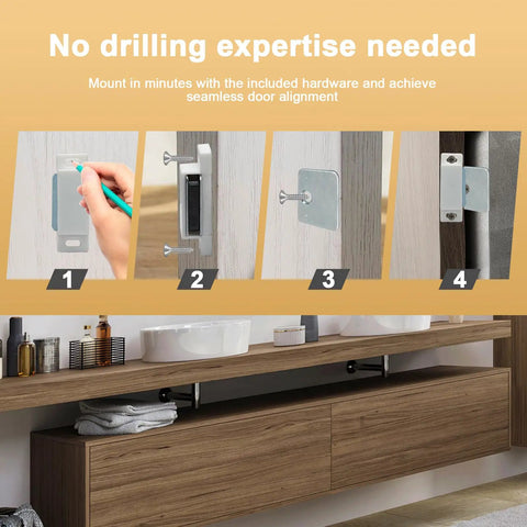 12 Pieces Cabinet Door Magnets Catch Magnetic Door Catch installation steps shown on kitchen cabinet