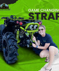 Woman attaching Two Foot ATV Recovery Strap With Winch Hook And D Ring Shackle For Four Wheelers And Quads 17600 Pound Synthetic Rope to quad.