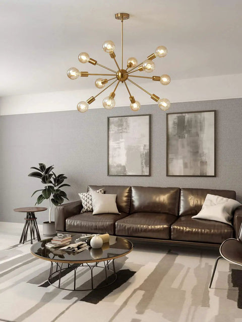 Modern Gold Sputnik Chandeliers Set Of 12 Brass Industrial Ceiling Lights For Dining Room Kitchen Living Room Farmhouse Style With Adjustable Height And Easy Install in living room setting