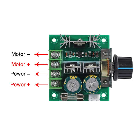 Close-up of the Four Pack PWM DC Motor Speed Controller Switch 12V To 40V 10A Auto Regulator Governor 13KHz Dimmer Voltage Switch showing terminals.