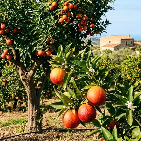 Blood Orange Tree 1-2 Feet Tall in 1 Gallon Pot, Upright Dwarf Citrus for Home Orchard, Produces Sweet Oranges, Easy Care, Rare Fruit, Container Friendly for Patio or Small Garden, fruiting tree with ripe oranges