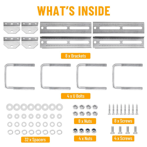 Badass 12 Inch Boat Trailer Bunk Brackets Four Pack Heavy Duty Galvanized Steel components including brackets, U-bolts, nuts, and screws.