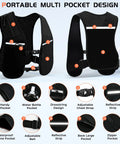 Unisex Hydration Vest With Adjustable Chest Straps, Lightweight Go-To Reflective Running Pack For Marathon, detail view of pockets and straps.