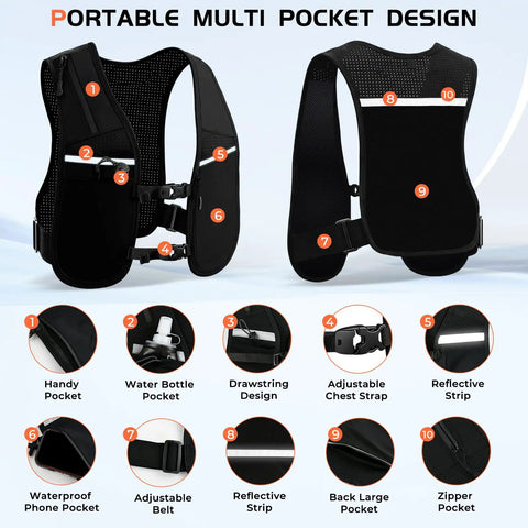 Unisex Hydration Vest With Adjustable Chest Straps, Lightweight Go-To Reflective Running Pack For Marathon, detail view of pockets and straps.