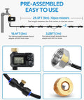 Diagram of Automatic Misting Cooling System With Timer For Outdoor Patio And Garden, showing tubing, timer, brass adapter, and nozzle.