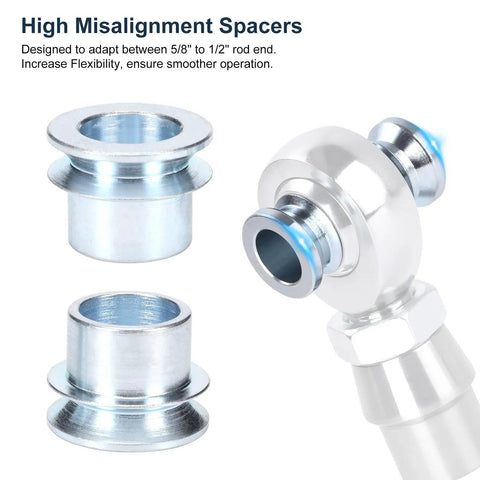 High Misalignment Spacer Heim Joint Five Eighths To One Half Inch Bore Adapter For Rod Ends 4 Pack Durable 1045 Carbon Steel With Silver Zinc Plating Ideal For Off Road Racing And Heavy Duty Linkage, silver spacer shown with rod end
