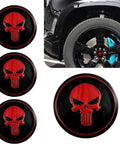 Four Pack Red Metal Skull Wheel Center Hub Cap Stickers Self Adhesive Waterproof Rim Covers Rugged fits trailer grease caps.