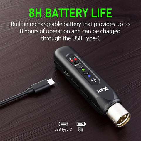 P3 Wireless XLR Bluetooth Receiver For Speakers, Audio Mixers, PA And DJ Systems With Rechargeable Battery displayed with USB-C cable