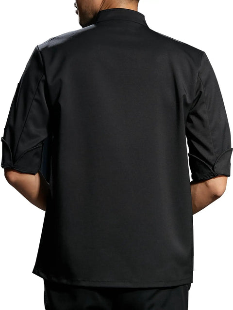 Back view of Men Half Sleeve Chef Coat In Soft Black Lightweight Stretch Jacket Breathable Kitchen Uniform.