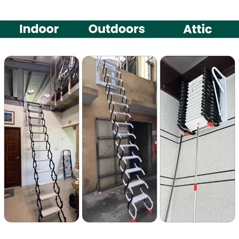 12 Step Retractable Attic Stairs With Armrests, Wall Mounted Loft Ladder, Aluminum Attic Ladder, Pull Down Design With Pull Rod, Built Tough But Lightweight, 900 Lb Capacity, Easy Access For Handy Home Upgrades installed in indoor, outdoor, and attic spaces