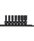Seven Piece Three Eighths Inch Drive Six Point Deep Universal Impact SAE Socket Set for Tough Jobs Off Corner Loading Design CrMo Steel