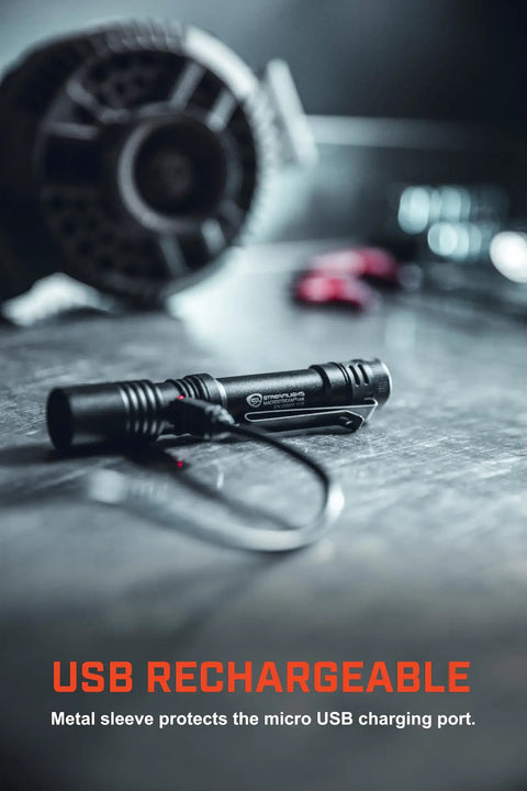 MacroStream USB Rechargeable EDC Flashlight With 500 Lumens And 2000 Candela Compact Pocketable LED Light on charging cable