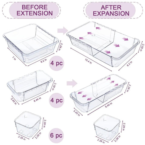Expandable 14 Piece Clear Drawer Organizer Set with 3 Adjustable Bin Sizes Acrylic Storage Bins for Makeup and Kitchen Utensils