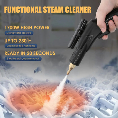 Heavy Duty 1700W Pressurized Steam Cleaner Offers Continuous Tankless Flow For Kicking Stubborn Messes Off Hardwood Floors Car Dashboards Upholstery And Grout Lines 110V Ships With 12 Versatile Tips For Worry Free Deep Cleaning showing high-power steam nozzle.