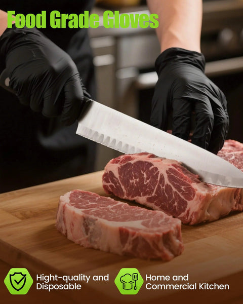 TreeGo 6-mil black nitrile gloves on hands slicing two raw beef steaks with a knife on a wooden cutting board
