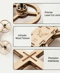 Close-up of DIY Wooden RC Drone Kit for Adults and Beginners Build Your Own Quadcopter with Gyroscope Remote Control 3D Building Blocks.