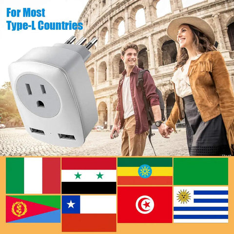 Must Have US To Europe Travel Plug Adapter With USB Wall Charger For iPhone iPad Laptop Type L Italy Chile Compatibility Not For Hair Dryers Power Outlet Converter shown by flags.