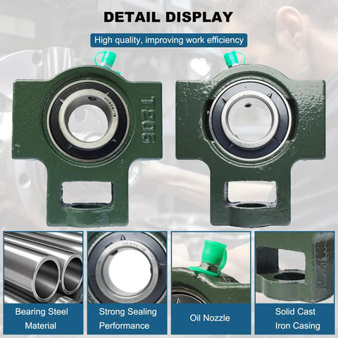 Two Pack Pillow Block Bearing With Take Up Design For 1 Inch Bore Self Aligning Chrome Steel Ball Bearings Heavy Duty Cast Iron Housing Solid Base Industrial Grade Mounted Bearing with detail display showing material and design features.