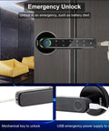 Fingerprint Door Lock Set With No Key Needed Keyless Entry And Black Keypad Code Lever Handle Three Ways Unlock Fingerprint Passcode Or Mechanical Key Auto Lock After Five Seconds Reversible Handle For Left Or Right Doors Ideal For Home Office Hotel featuring emergency unlock options