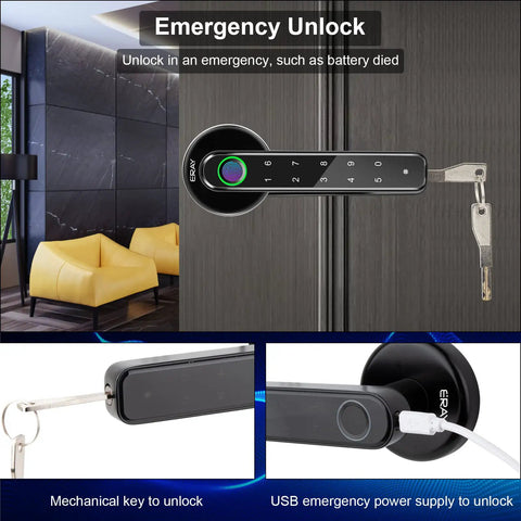 Fingerprint Door Lock Set With No Key Needed Keyless Entry And Black Keypad Code Lever Handle Three Ways Unlock Fingerprint Passcode Or Mechanical Key Auto Lock After Five Seconds Reversible Handle For Left Or Right Doors Ideal For Home Office Hotel featuring emergency unlock options