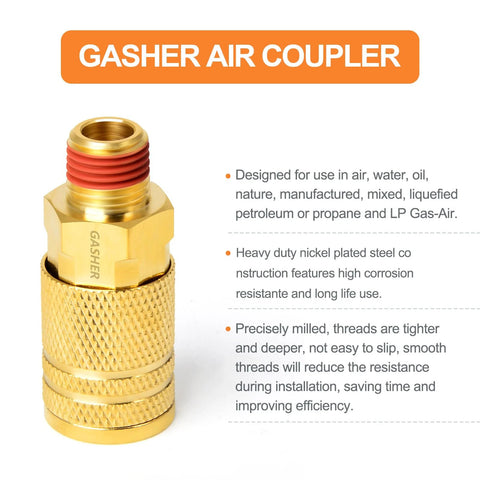 GASHER brass air coupler with 1/4-inch NPT male threads; knurled body, front view