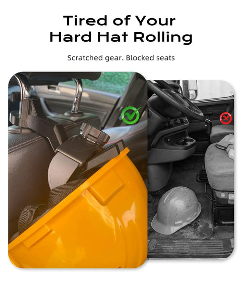 Hard Hat Headrest Hook Organizer for Truck Cab holding yellow helmet on seat, prevents rolling onto truck floor.