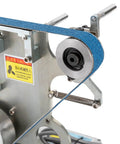 Heavy Duty Belt Grinder And Sander Featuring 6000rpm Variable Speed Control With Integrated VFD For Precision Polishing Jobs close-up of sanding belt and drive wheel.