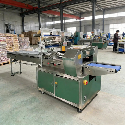 Smooth Operator Compact Horizontal Flow Pack Machine Small Shrink Wrapper Rock Solid Performance 50 To 80 Wraps Per Minute in a factory setting.