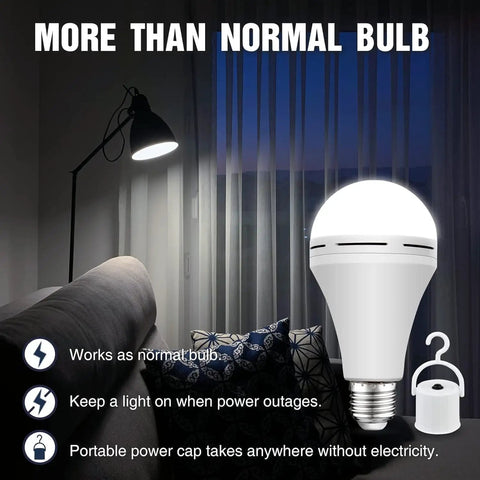 Emergency Rechargeable LED Light Bulb That Stays Lit During Power Outages, 1500mAh Backup Battery, in living room setting