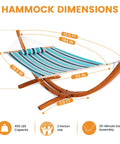Sunbrella Fabric Hammock With 13 Ft Wood Arc Stand For Two People Outdoor Patio Setup All Weather Fade Resistant, 450 Lb Capacity, Free Pillow Included shown with dimensions and capacity.