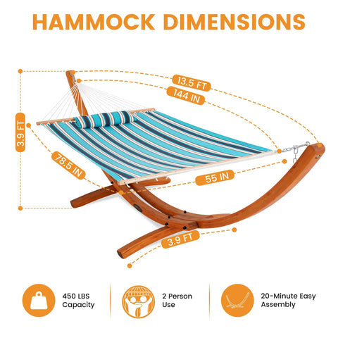 Sunbrella Fabric Hammock With 13 Ft Wood Arc Stand For Two People Outdoor Patio Setup All Weather Fade Resistant, 450 Lb Capacity, Free Pillow Included shown with dimensions and capacity.