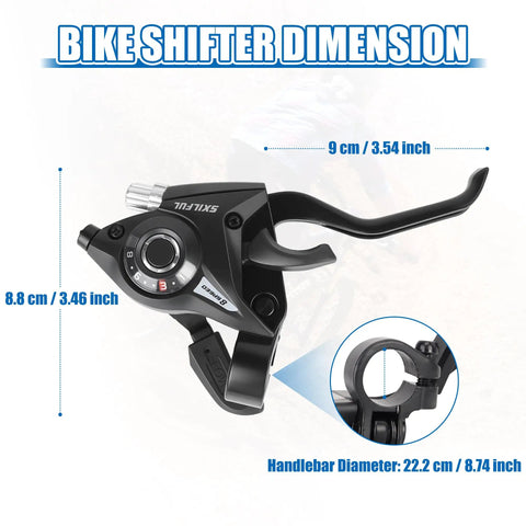 3x8 Speed Bike Shifter Lever Set With Gear Indicator And V Brake Cable dimensions in cm and inches for handlebar fit