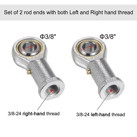 3/8 Inch Female Rod End Bearing Set With 3/8-24 Left And Right Hand Threads, Set Of 2 With Jam Nut, For Flexible Mechanical Linkage And Misalignment Up To 9 Degrees, 3/8-inch threaded rod ends