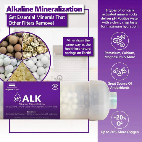 Infographic showing alkaline mineralization filter, part of 1 Year Alkaline Reverse Osmosis System Replacement Filter Set With 50 GPD Membrane.