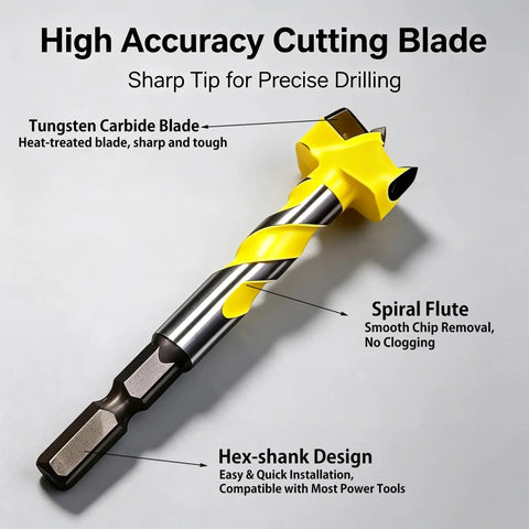 Top Shelf 5 Piece Forstner Drill Bit Set With Snag Free Hex Shank And Rugged Tungsten Carbide Tips shows a tungsten carbide drill bit with a hex shank.
