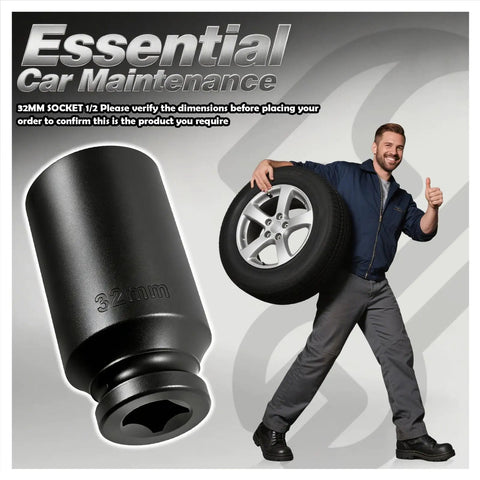 Heavy Duty 32mm Socket Featuring Half Inch Drive And 12 Point Impact Design held by a mechanic with a tire, highlighting durability and size.