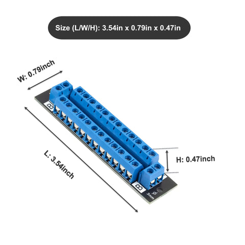2x12 Terminal Block Distribution Module Breakout Board For AC And DC Power, 15 Amp Screw Terminal, 5.0mm Pitch, Accepts 26 AWG To 12 AWG Wire, Black, Dual Pack, Expandable For DIY Electronics Projects, blue module with size labels