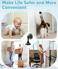 Collage of everyday scenarios, including baby crawling, a cat walking, people moving cardboard boxes, and a woman at a door.