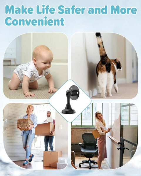 Collage of everyday scenarios, including baby crawling, a cat walking, people moving cardboard boxes, and a woman at a door.